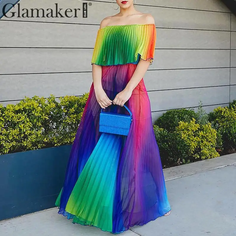 

Glamaker Off shoulder rainbow pleated casual dress Women summer elegant loose maxi dress Female beach boho long dress plus size