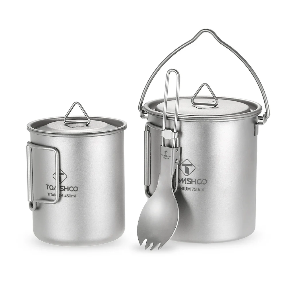 

TOMSHOO 750ml Titanium Pot + 450ml Titanium Water Cup Mug with Lid Foldable Handle + Folding Spork Spoon for Outdoor Camping