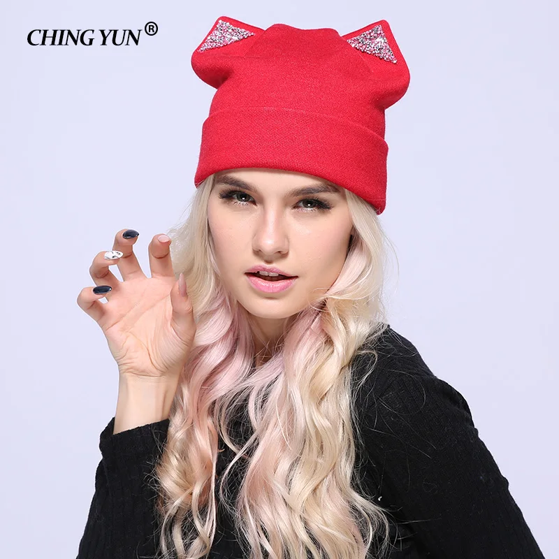 

New Winter Women Knitted Hats lady Warm Caps Sequins Cat Ears Multicolor Thicker Girls Cap Cute Fashion High Quality Wool Hat