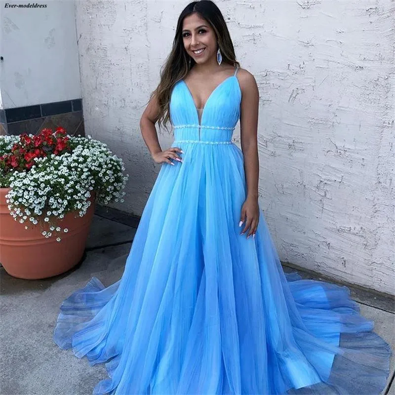 Vestido formatura синий тюль глубокий v-образный вырез платья для выпускного жемчужины бисерные складки А-силуэт Выпускной недорогие вечерние