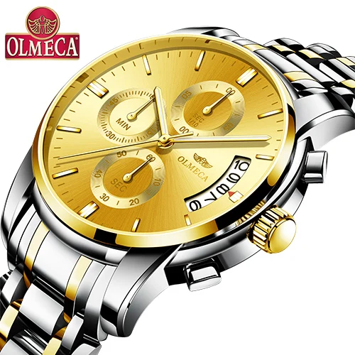 

OLMECA Stainless Steel Mens Watch Relogio Masculino Luxury Brand Golden Dial Analog Sports Wristwatch Quartz Business Watch New