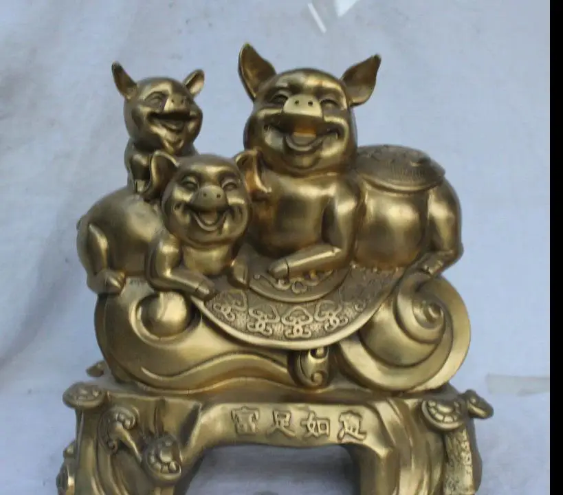 

671115398++++14" China Folk Feng Shui Brass Farm Livestock Pig Family Ru Yi Statue Sculpture