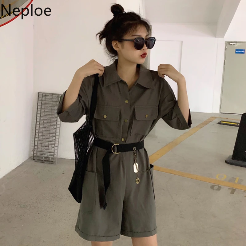 

Neploe Summer Safari Style Women Playsuits 2019 Short Sleeve Bodysuit Sashes Slim Waist Overalls Cool Leisure Playsuit 52945
