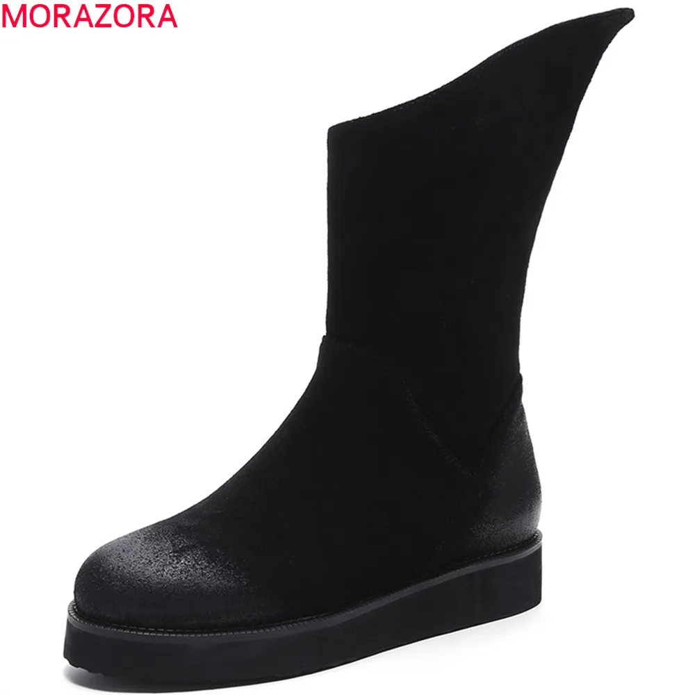 

MORAZORA black fashion women boots round toe zipper cow suede botos flat with leather autumn winter ankle boots big size 34-43