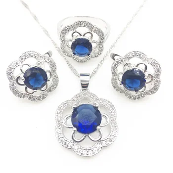 

A Nice Flower Blue Zircon White Crystal 925 Sterling Silver 3PCS Jewelry Set Earring Pendant Necklace Ring For Women