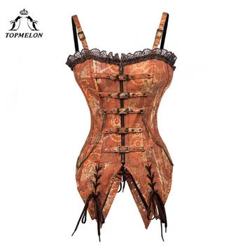 

TOPMELON Retro Bustier Steampunk Tan Corset Women Gothic Corsets and Bustiers with Strap Corselet Buckle Gears Pattern Long Tops