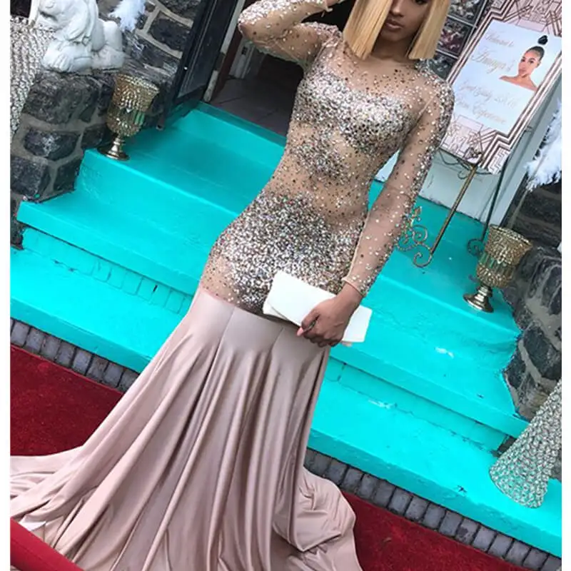 

Vestidos De Gala Sexy Beaded Crystal Illusion Mermaid Long Prom Dress 2019 Sheer Long Sleeve Backless Draped Formal Party Gowns