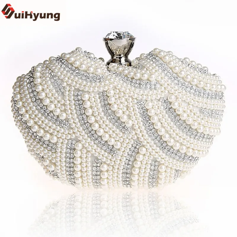 

New Arrivals Women Pearl Handbags. Heart-shaped Diamond Stripes Beaded Clutch Evening Bag Long Chain Crossbody Free Shipping