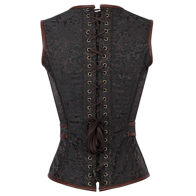 Brown Appliques Zipper Espartilhos Corsetto Sexy Brocade Faux Leather Waist Trainer Corset Steam Punk Vest Korsett For Women (2)