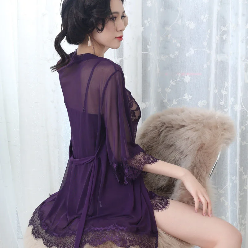 KISBINI женский сексуальный кружевной халат из 3 предметов, одежда для сна, летний женский прозрачный халат, пижамы, ночные наборы, эротическое белье