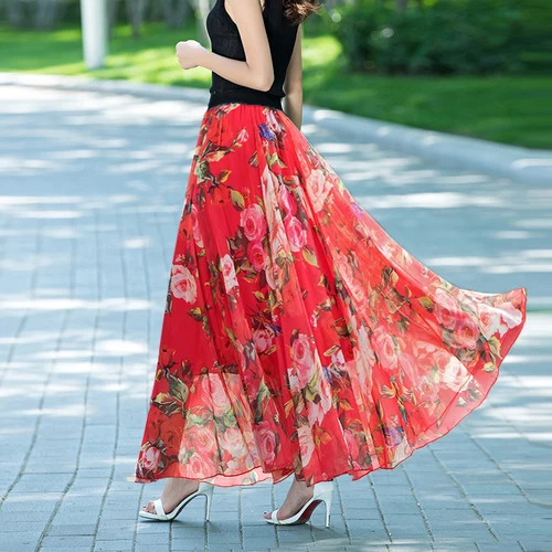 

TingYiLi 12 Color Long Skirt Summer Floral Print Beach Boho Skirt Elegant Maxi Women Skirt