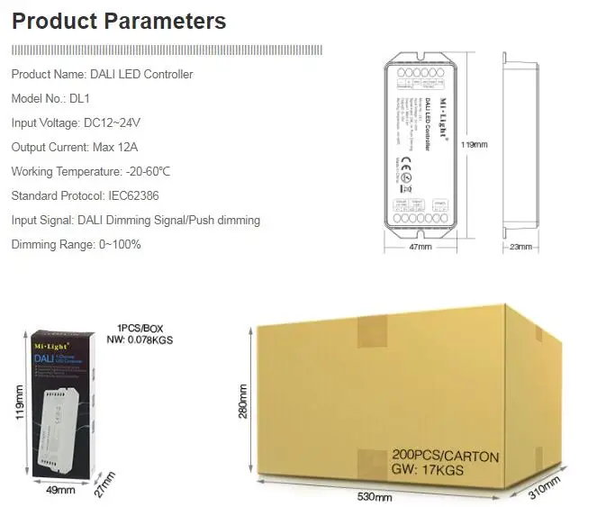 MiBOXER DL1 DALI светодиодный контроллер DC12~ 24V входной сигнал DALI затемнение сигнал/Push Dimming; Макс 12A; одноцветный светодиодный диммер