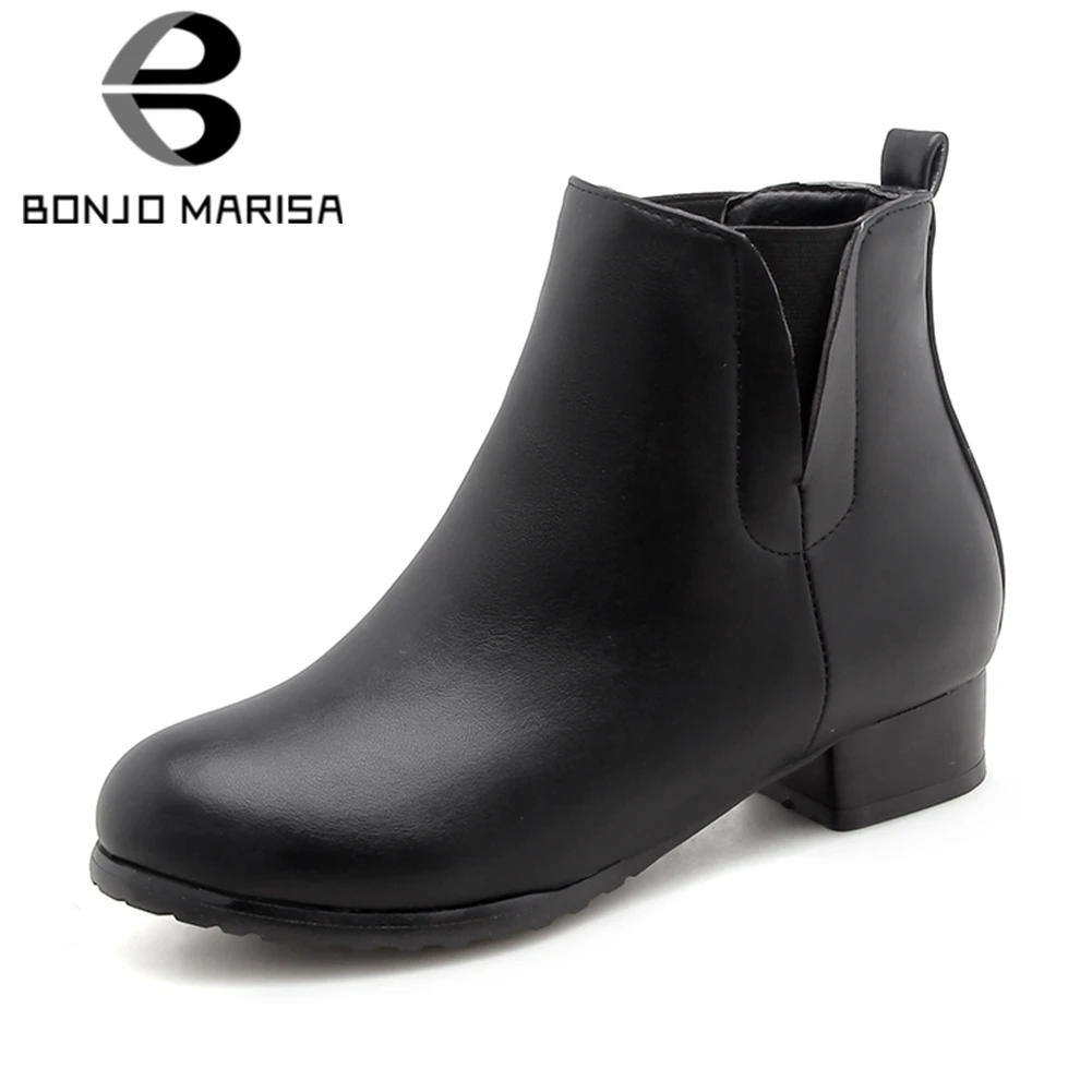 

BONJOMARISA Plus Size 32-47 Mature Solid Black slip-on Ankle Boots Women Autumn Winter 2019 Add Fur Low Heels Shoes Woman