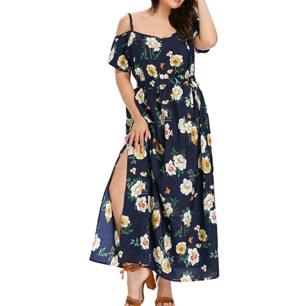 WOMAIL Women Plus Size Casual Bohemian Off-Shoulder Ruffled Banded Long Dress Loose Special Slash neck design Dress W30418
