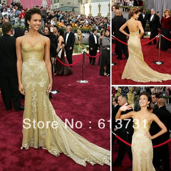 Jessica Alba Halter Gold Lace Applique Red Carpet Evening Gown For