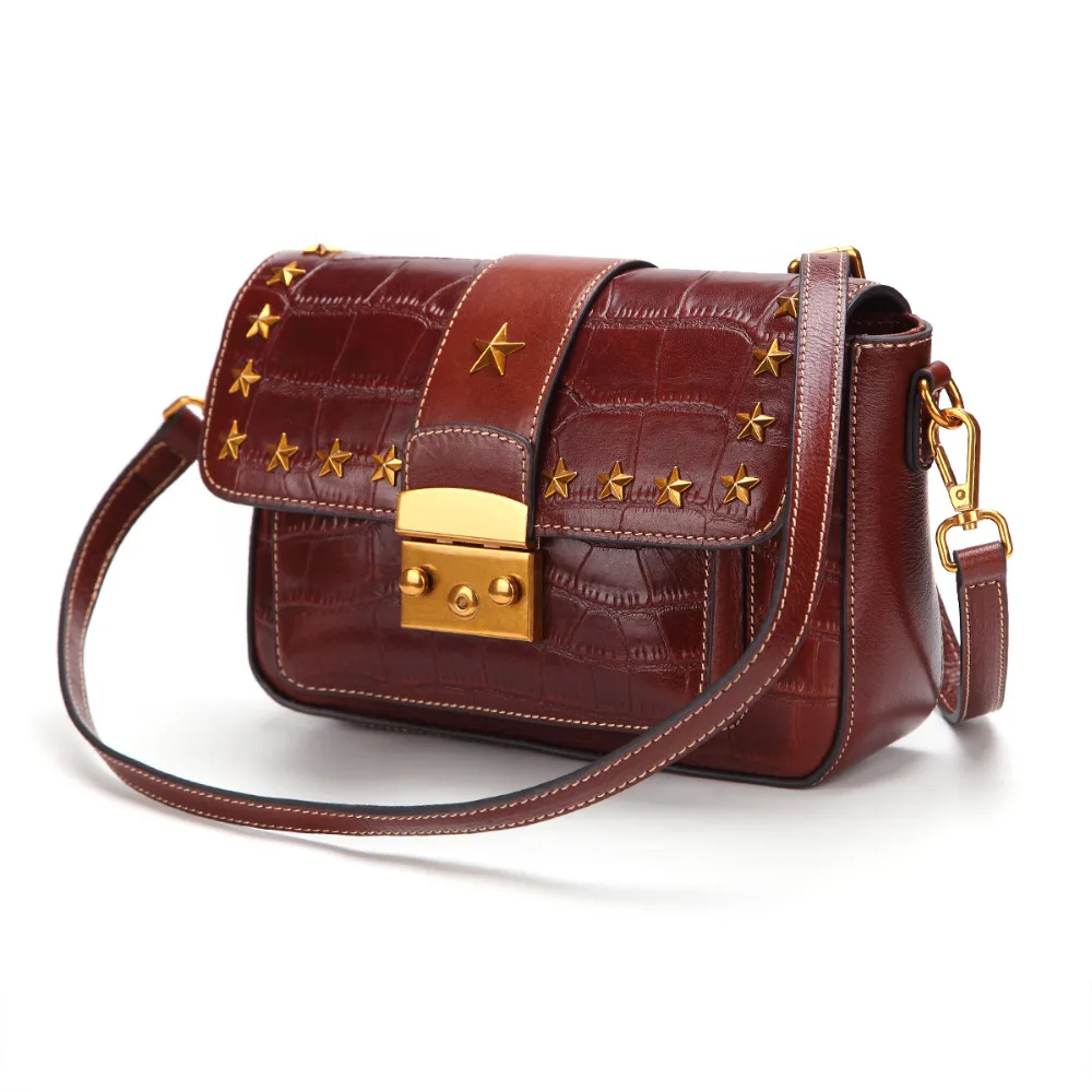 

Oil Wax Genuine Leather Women Crossbody Bags Flap Pouch Stone Pattern Star Rivets Korean Female Single Shoulder Messenger Bag