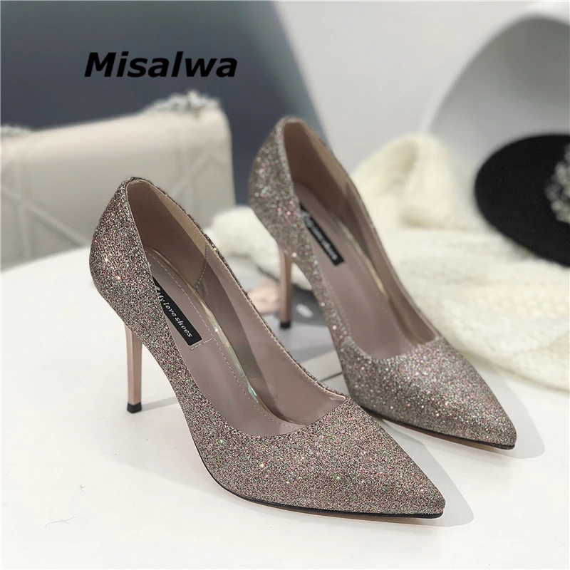 

ZSAUAN Bridesmaid Wedding High Thin Heel Lady Pumps Spring Shallow Shinning Bling Fashion Party Nightclub Attractive Shoes 2019