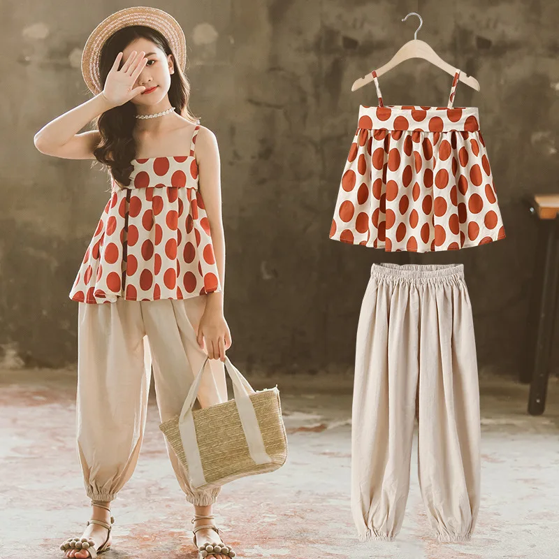 Летний комплект для девочек, новинка года, комплект из двух предметов для малышей, рубашка на бретельках и штаны для малышей Одежда для девочек костюм для малышей Модная хлопковая одежда#5242