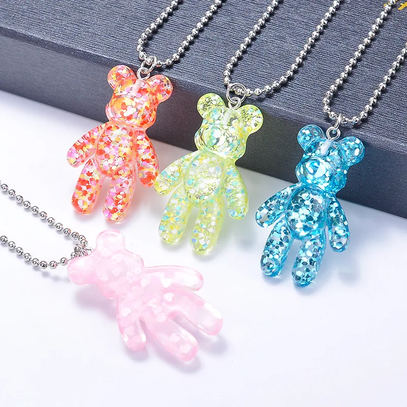 20PCS Cute Girls Cartoon Bling Bear Pendant Necklace For Women Beads Chain On The Neck Female Jewelry Wedding Party Gift