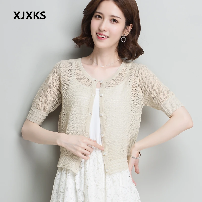 XJXKS Summer Women Sweater Knitted Casual Short Sleeve Cardigans Sweaters Knitting Shrugs Shawl Outwear Thin Top