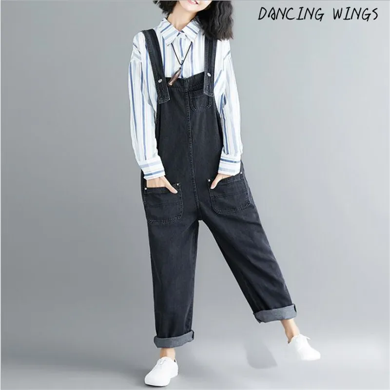 

Women Vintage Black Wide Leg Jumpsuits Casual Plus Size Jeans Rompers Female Loose Overalls