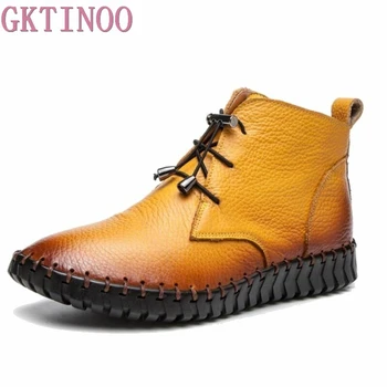 

GKTINOO New Winter Women Genuine Leather Boots Warm Handmade Flat Booties Soft Cowhide Women's Shoes Lace-Up Ankle Boots Female