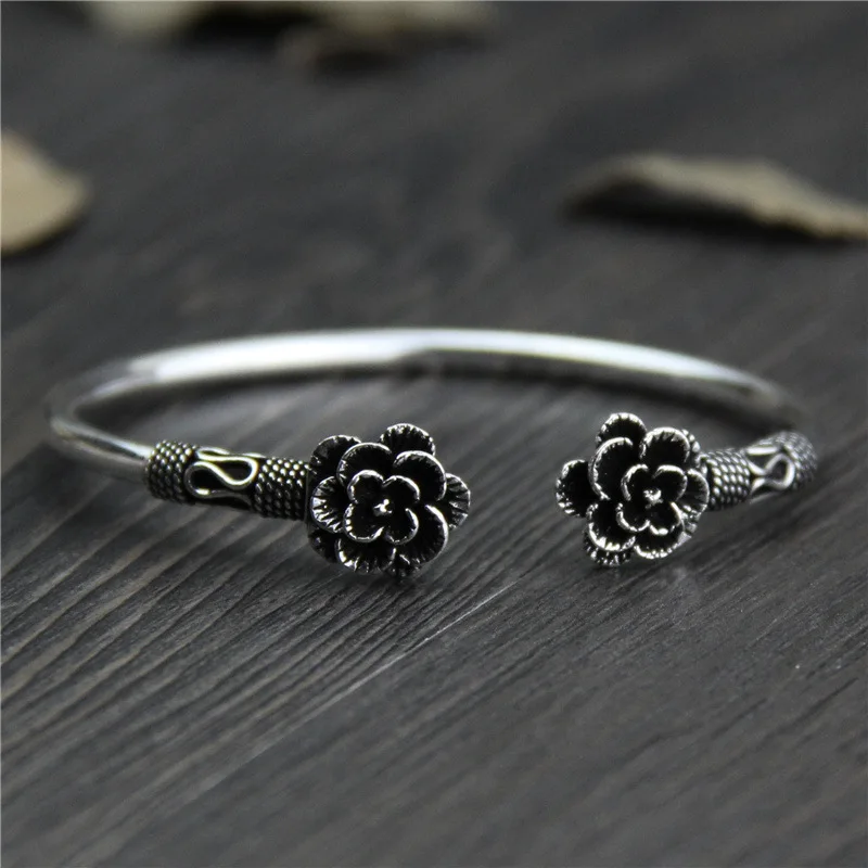 

C&R Real 925 Sterling Silver bangle bracelet for women double Rose Bracelet Retro Opening Thai Silver bangles Lady Fine Jewelry