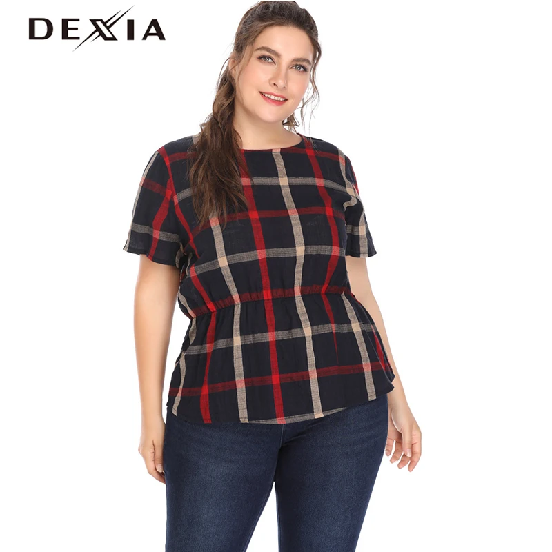 DEXIA плед плюс размер 3XL 4XL 5XL Женская футболка Летняя с круглым вырезом и принтом