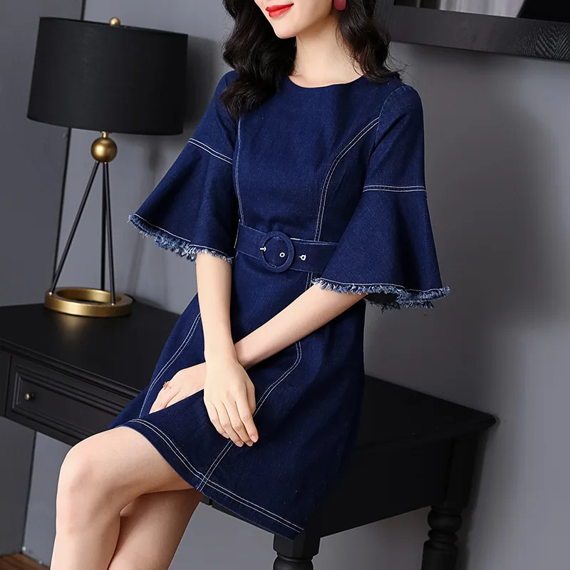 High Quality Denim Dress 2019 Spring Summer Casual Dress Women Color Block Stitching Flare Sleeve High Waist Blue Jeans Dress