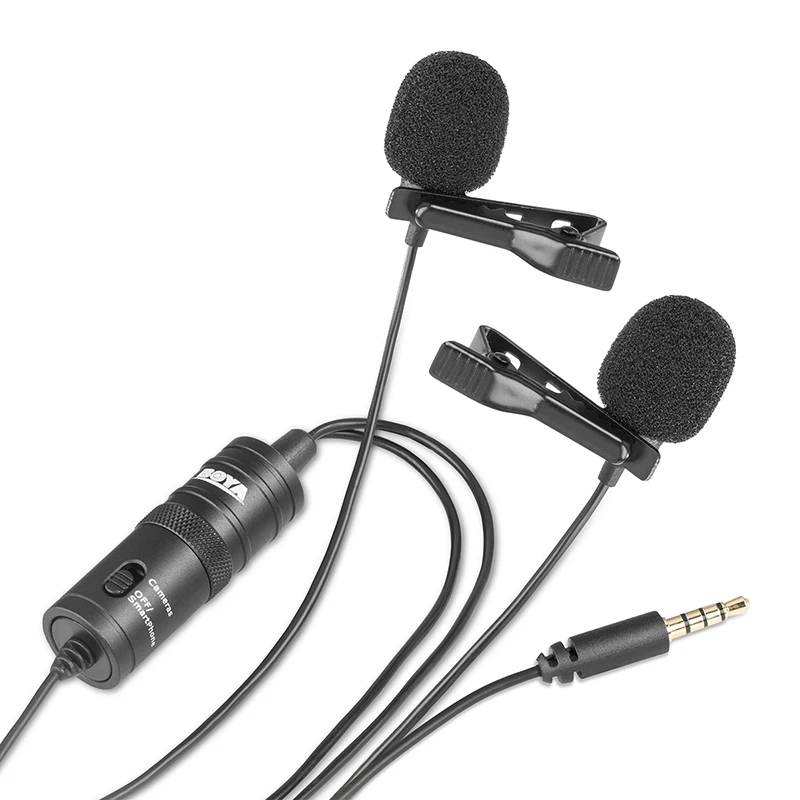 BOYA BY-M1DM Micr/ófono Lavalier de doble cabezal Omni-direccional Micr/ófono de video de solapa con clip para iPhone Canon Nikon