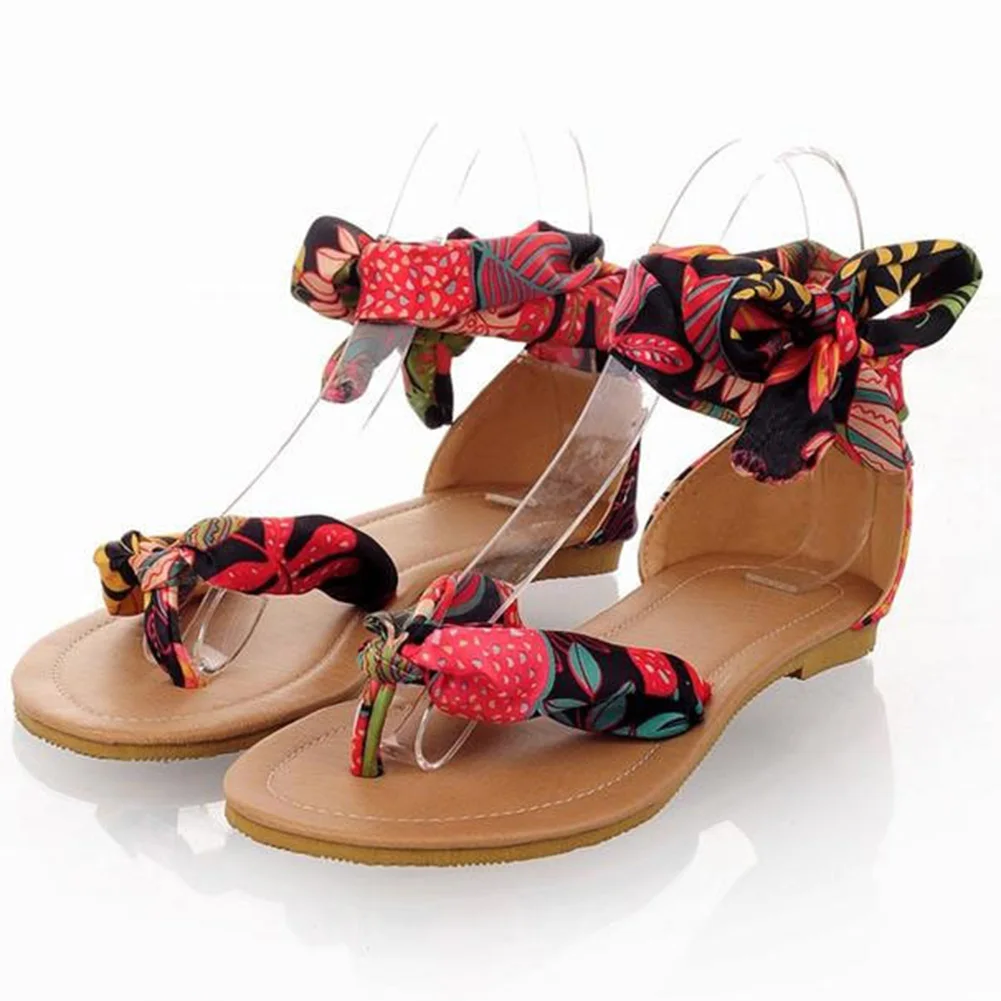 Big Plus Size Women Sandals Bohemia Beach Print Satin Ankle Strap Flip Flop Shoes Summer Flat 