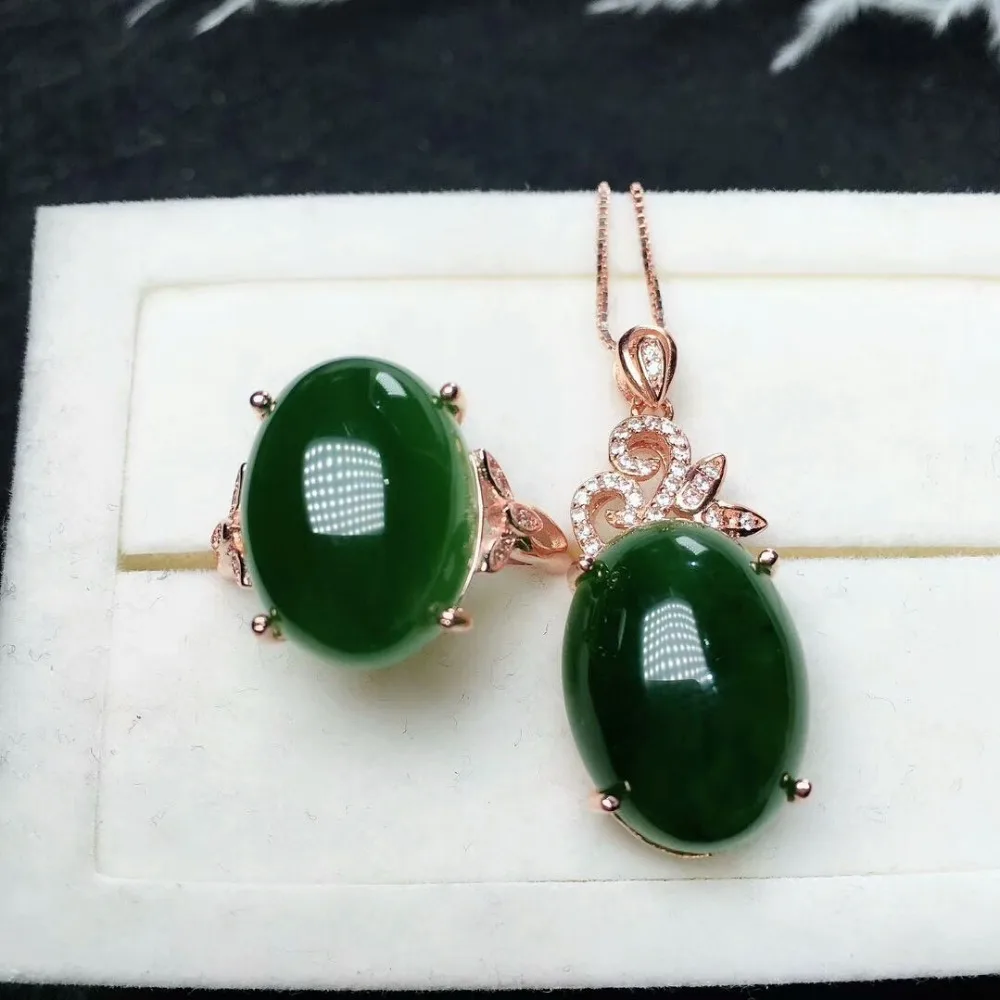 MeiBaPJ Natural Spinach Green Nephrite Jade Gemstone Jewelry Set 925