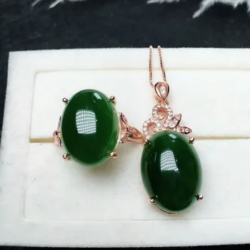 

MeiBaPJ Natural Spinach Green Nephrite Jade Gemstone Jewelry Set 925 Sterling Silver 2 Siut Green Stone Fine Jewelry for Women