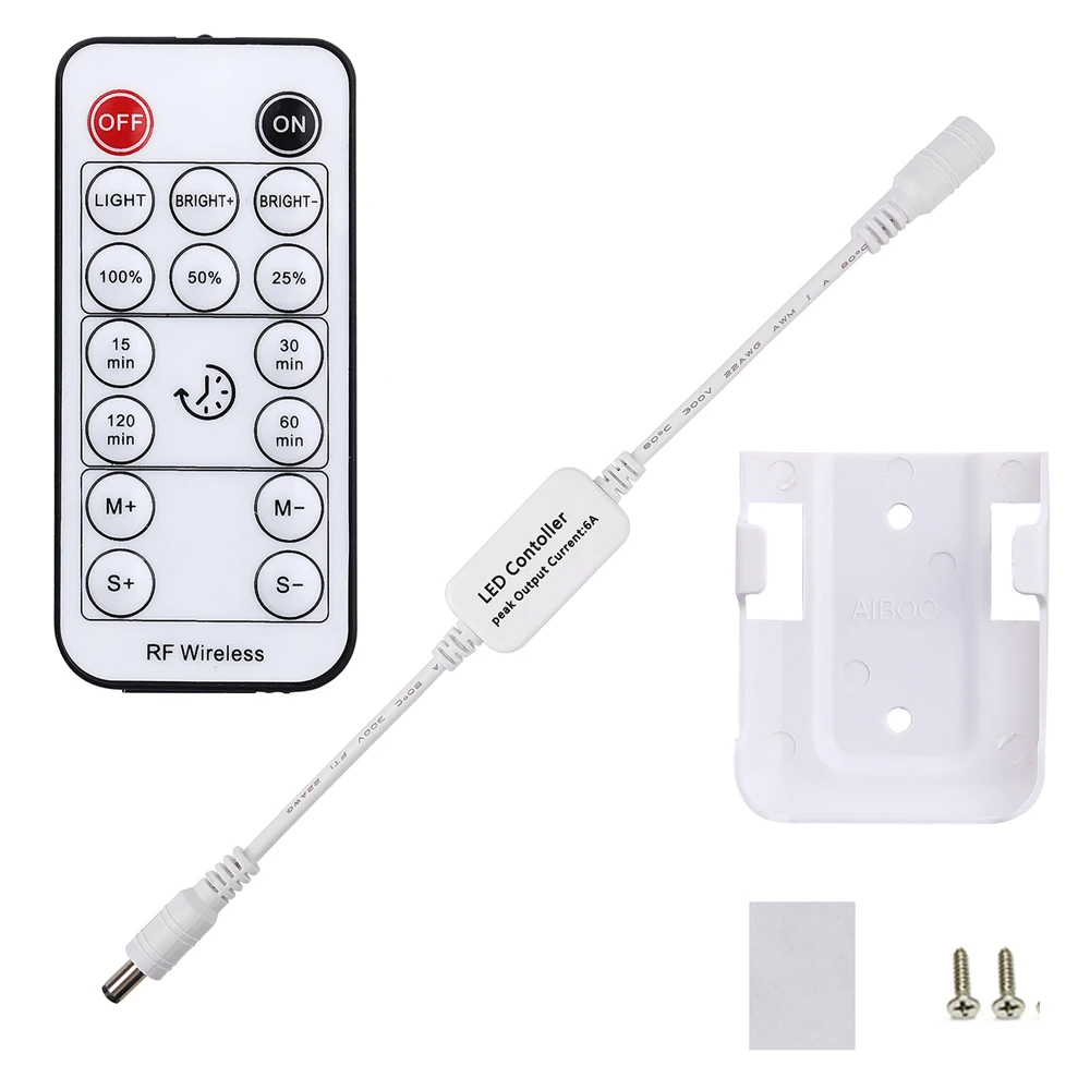 

AIBOO DC 5V-24V 6A 16 Keys Mini RF Remote Controller, Wireless Remote Dimmable and Timer Function for Single Color LED Lights