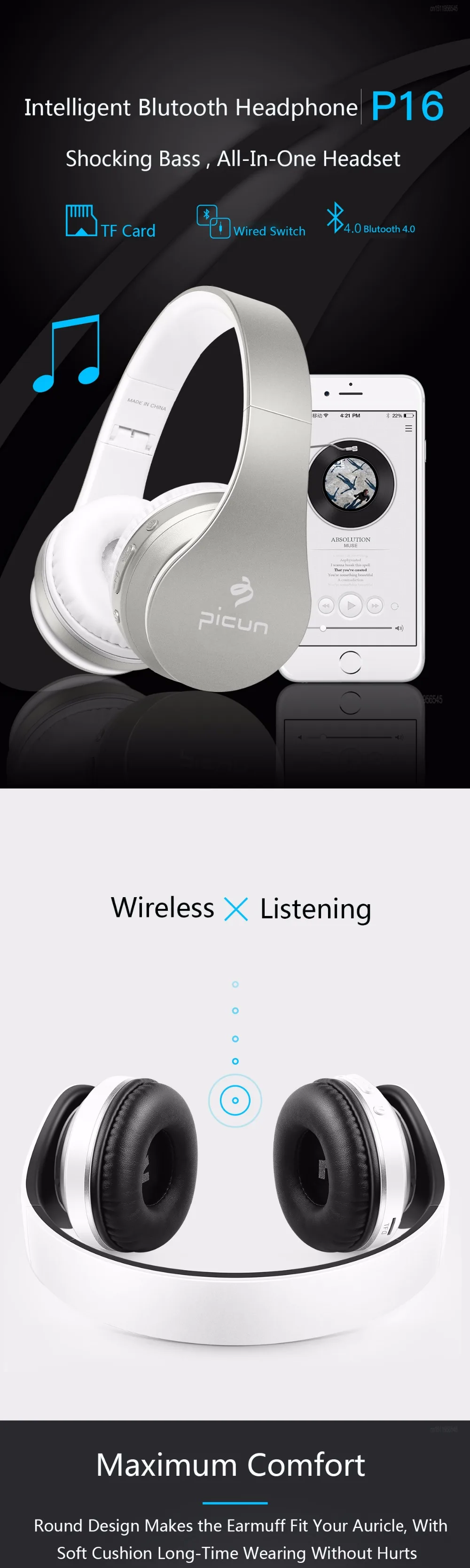 Picun P16 беспроводные Bluetooth стерео бас наушники с микрофоном FM радио музыка Спорт Бег гарнитуры TF MP3 игровая гарнитура