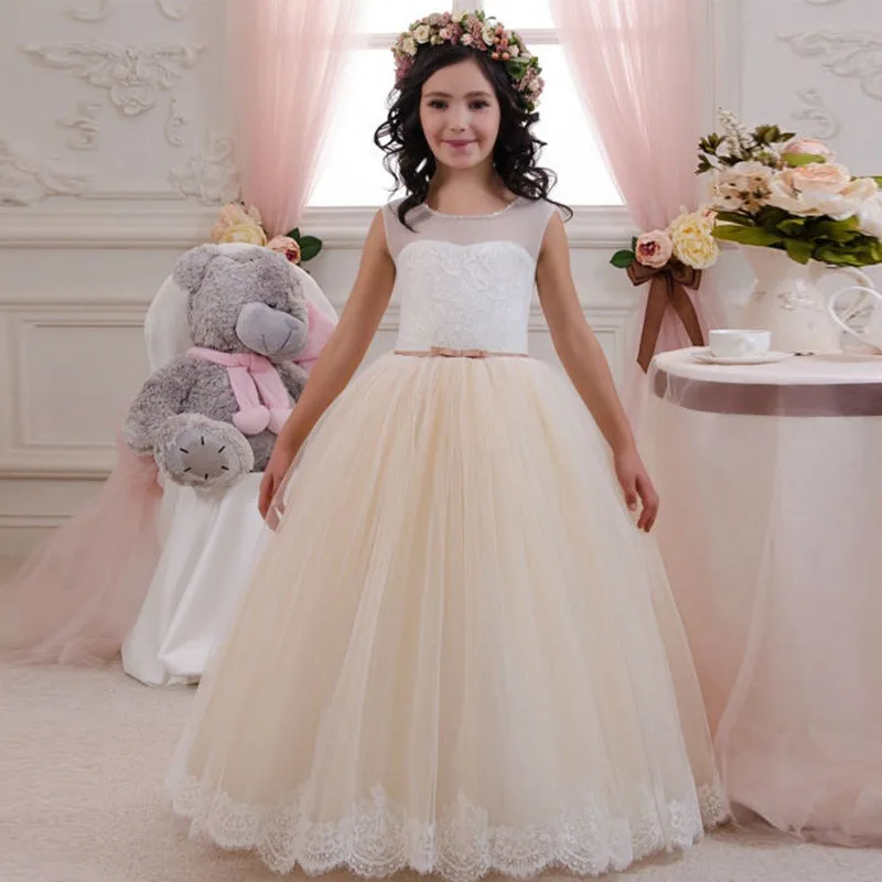 

Flower Girl Dresses For Wedding Appliques Tulle O-neck Sleeveless Ball Gown Girls First Communion Dresses Custom Made Vestidos