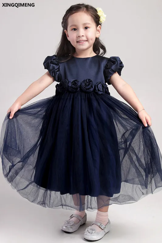 Cheap Simple Flower Girl Dresses Navy Blue Short Cap