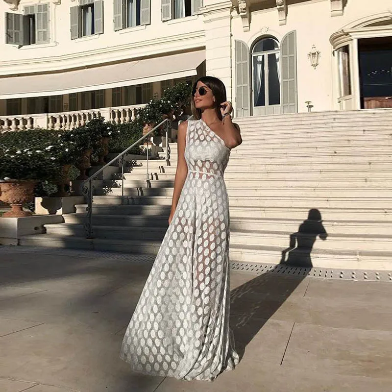 

Sheerness Single Shoulder Women Dress New Dot Print Maxi Long Elegant Dress Evening Party Irregular Dresses Woman Party Night