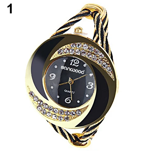 Fashion Women Round Crystal Rhinestone  Decorated Bangle Cuff Analog Quartz Bracelet Watch