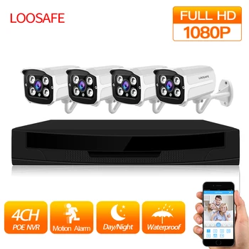 

LOOSAFE 1080P POE NVR Kit 4PCS Audio Record Sound Security IP Camera 4CH HDD P2P Onvif Video Surveillance System Set 1TB HDD