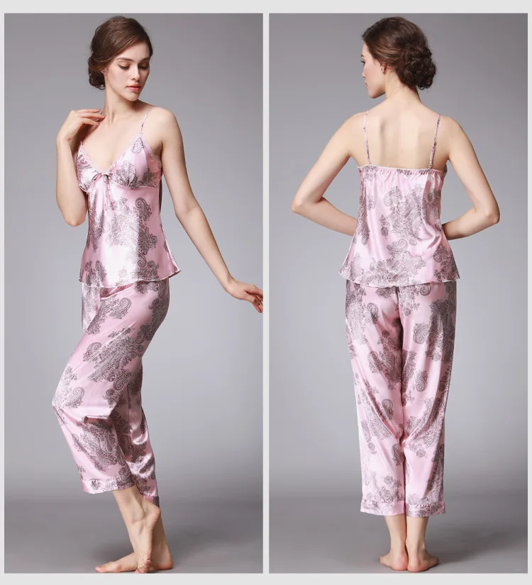 QWEEK Sexy Sleep Lounge 3 Pieces V-Neck Women Pajamas Set Elegant Print Long Sleeve Pyjamas Women Sleepwear Women Nightwear