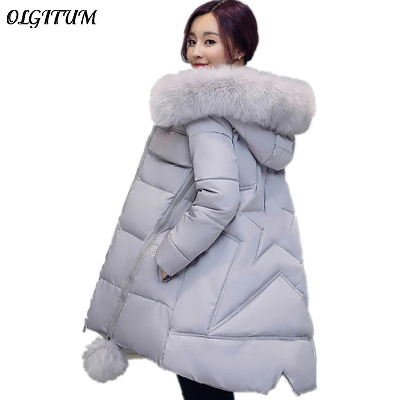 Новая зимняя верхняя одежда, длинное хлопковое пальто, женский меховой воротник, пальто с капюшоном, одноцветная стеганая куртка со звездами, теплая верхняя одежда