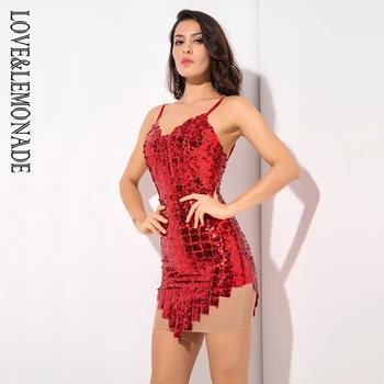 

LOVE & LEMONADE Red Plaid V-Neck Mesh Stitching Sequins Slim Dress LM81305