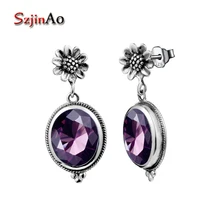 Szjinao Luxury Bridal Handmade Earring Vintage 925 Sterling Silver Oval Amethyst Drop Earrings for Women Wedding Jewelry