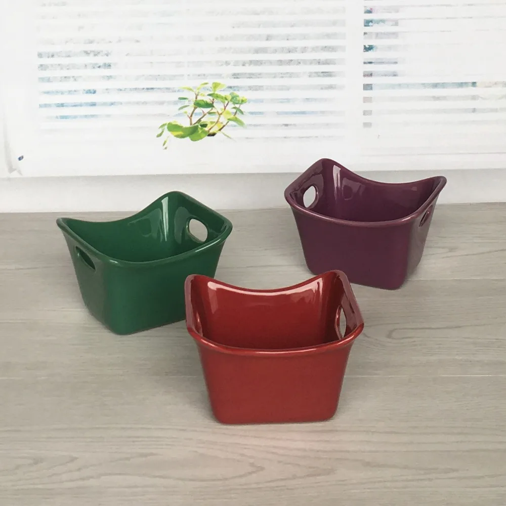 Stoneware 3-Piece Square Ramekin Set 3 colors Assorted Red Purple and Green ceramic loaf pan |