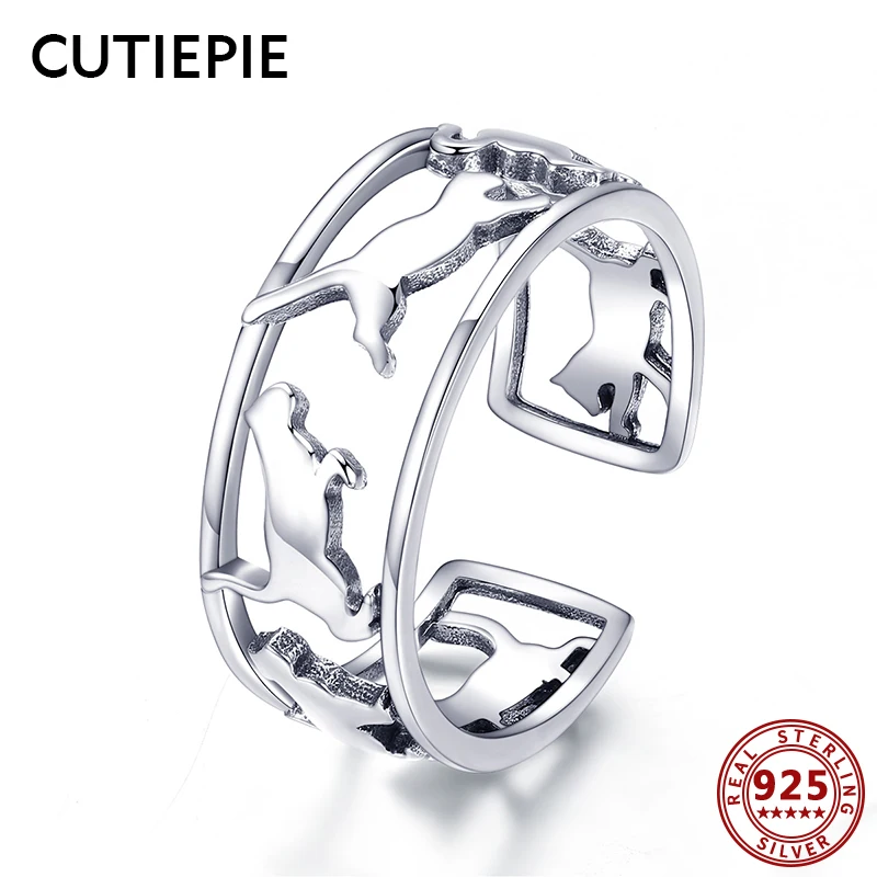 

CUTIEPIE Genuine 925 Sterling Silver Animal Happy Cats Rings for Women Open Adjustable Finger Ring Silver Jewelry Party Gifts