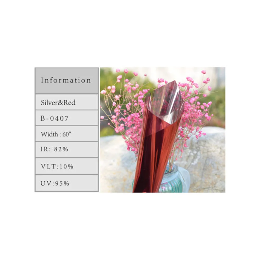 Silver & Red 95% UV Proof Solar Tint Film One Way Vision Film Building Home Office Glass Sticker Reflective Foils 0.5x1m