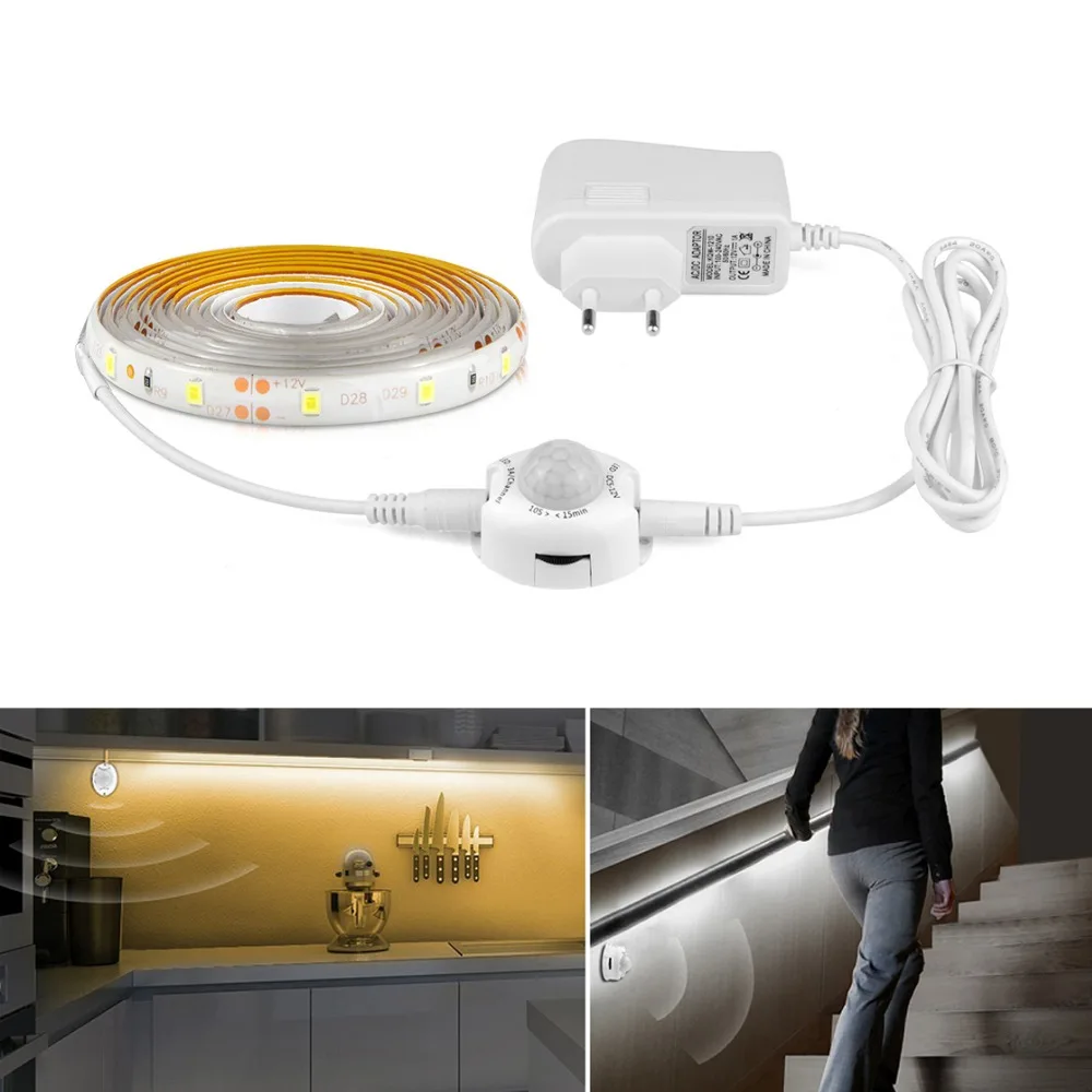 110V 220V to 12V LED Strip Light+ PIR Motion Sensor Detector+2A US EU Power Adapter Flexible Tape tira led impermeable Kitchen