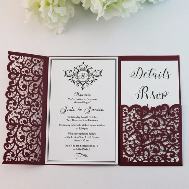 50pcs personalized cut out flowers lace pocket wedding invitations