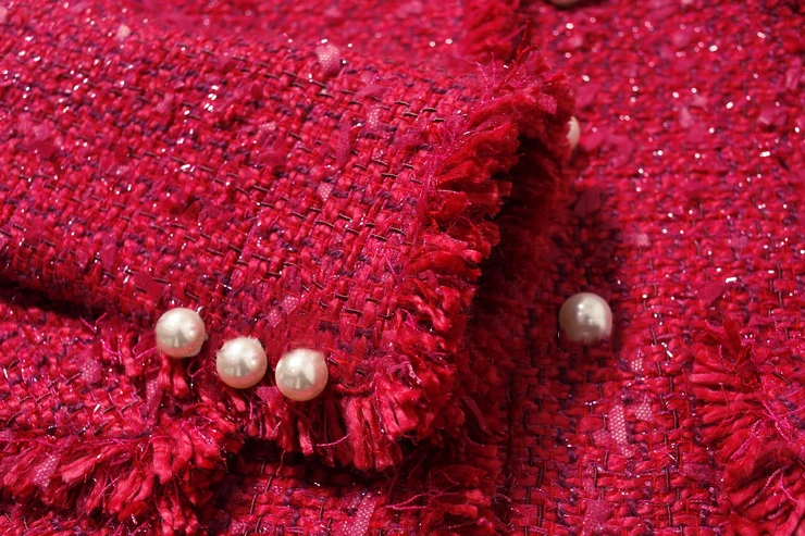 Красная твидовая куртка из перьевой ткани весна/осень женская куртка с кисточками тонкая Зимняя шерстяная куртка